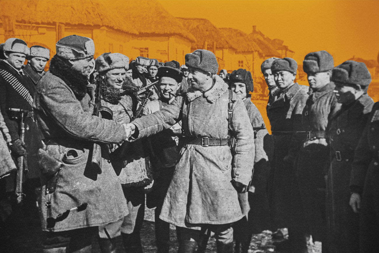 Встреча красноармейцев с партизанами на освобожденной курской земле