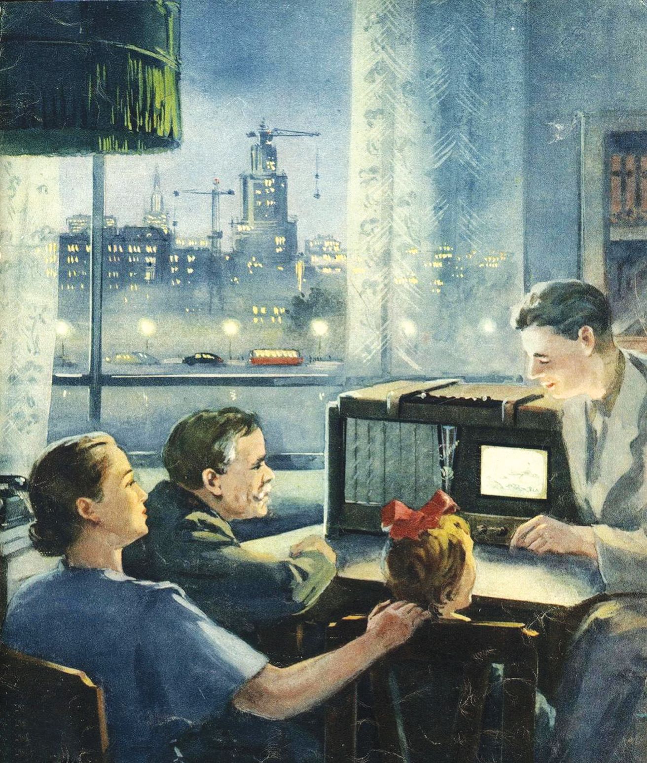 Советская семья смотрит телевизор. Иллюстрация из журнала «Знание – сила». Ноябрь 1953 г.